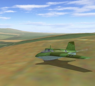 FMS Flying Model Simulator mit einer Me 163 im Flug über einer Landschaft