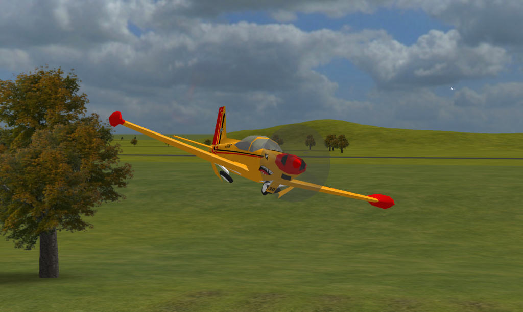 R/C Desk Pilot mit einem gelb-roten Motormodell im Flug über einer Wiese