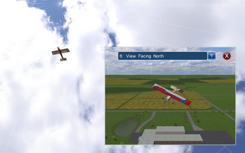 SeligSIM mit einem Kunstflugmodell in der Luft und einer eingeblendeten zweiten Kamerasicht